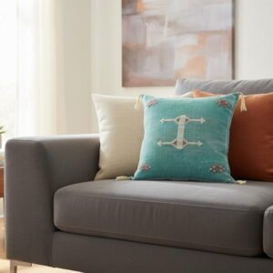 Berber Amazigh Turquoise Pillow Cover with Geometric Woven Design