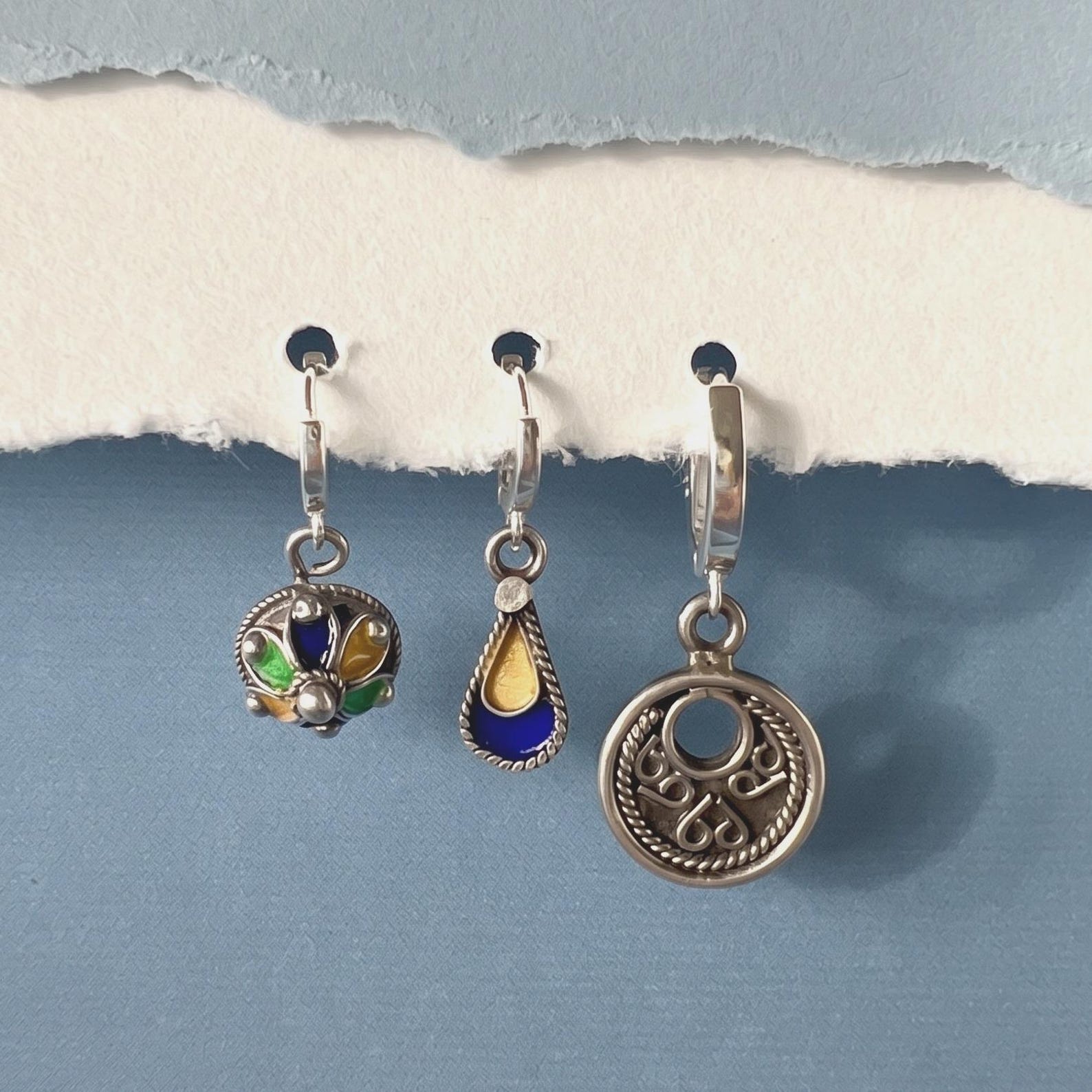 Amazigh Enamel Huggie Single Earring with Vintage Charm Sterling Hoop