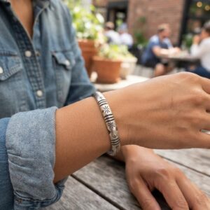 Amazigh Berber Solid Silver Cuff Bracelet with Geometric Engraving