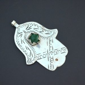 Berber Hamsa Khamsa Silver Pendant Necklace with Green Glass