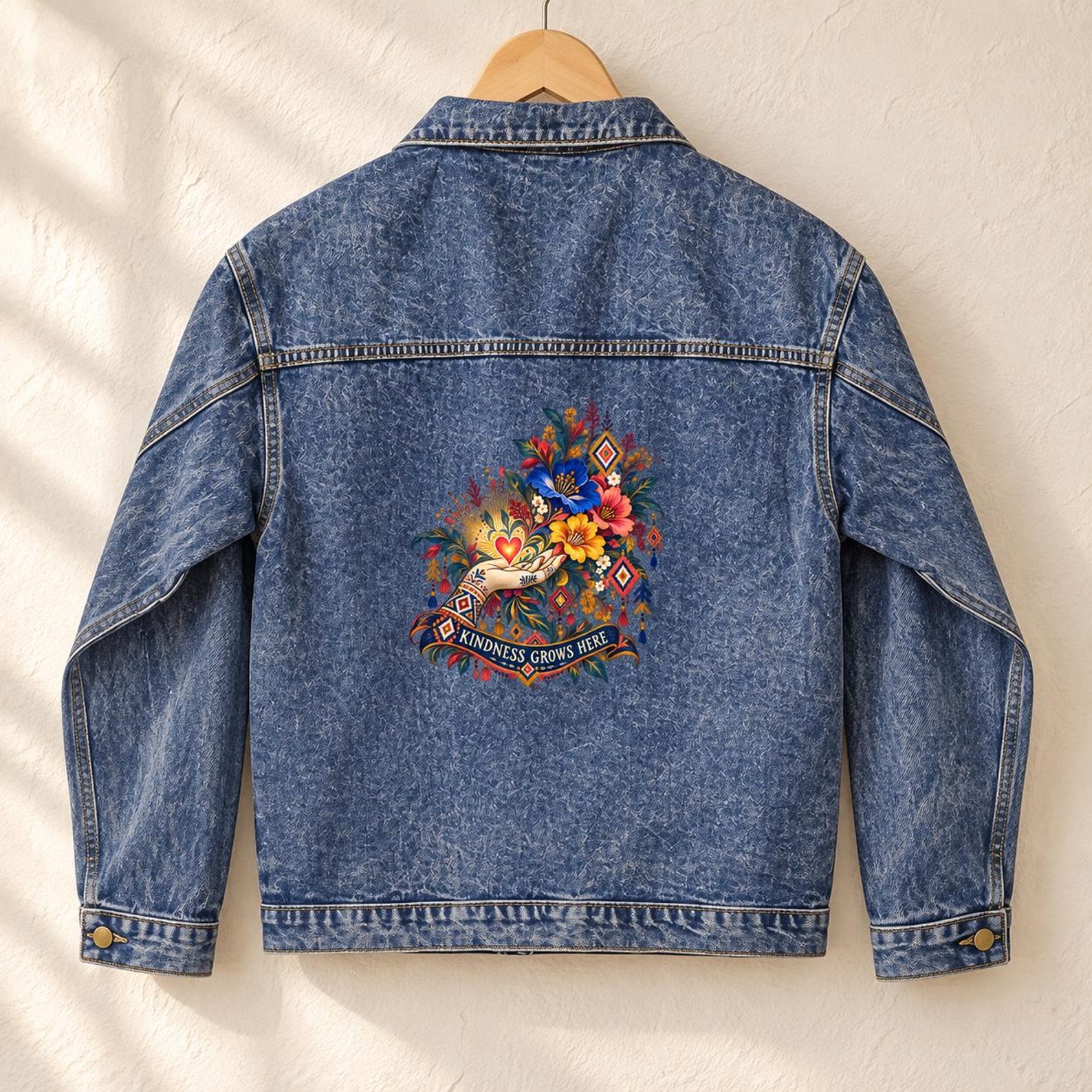 Amazigh Kindness Grows Here Denim Jacket Floral Back Print