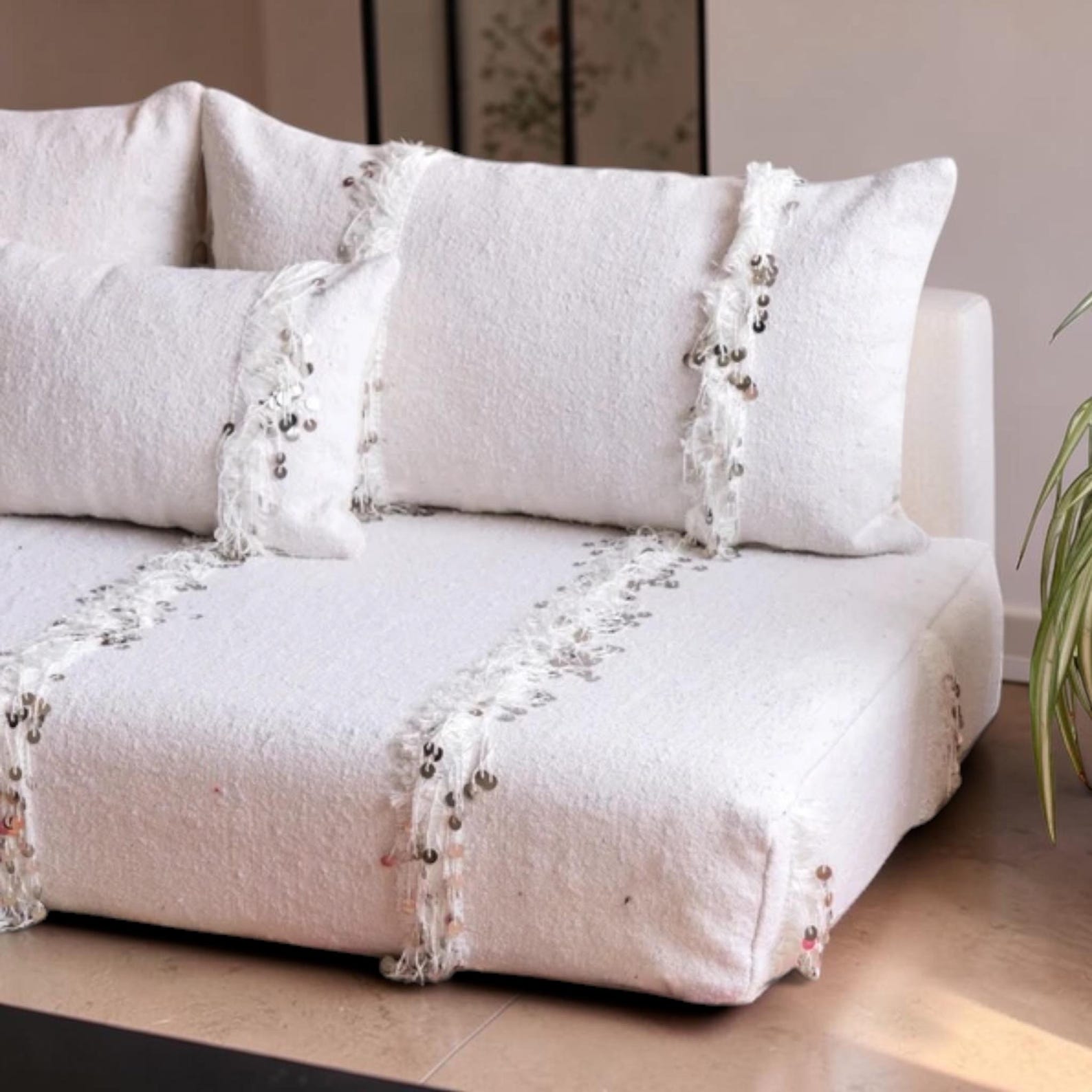 Berber Handmade White Geometric Floor Sofa Seating Pouf