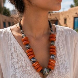 Vintage Amazigh Berber Handmade Red Bead Enameled Silver Necklace