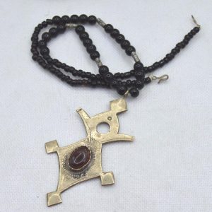 Berber Tuareg Cross Necklace with Carnelian Stone and Black Beads