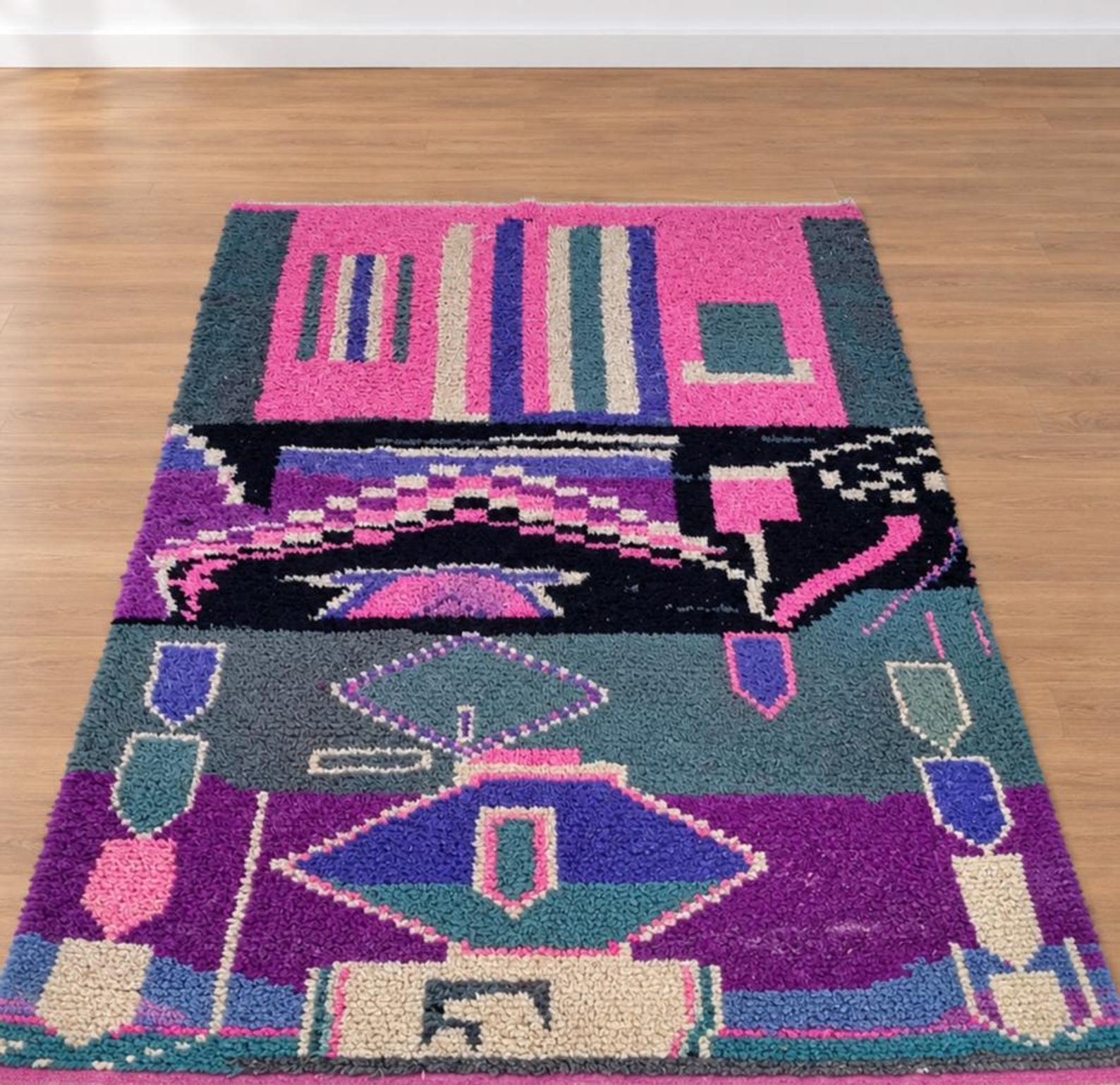 Berber Handmade Pink Geometric Sheep Wool Rug Atlas Floor Decor