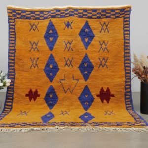 Berber Handmade Mustard Orange and Royal Blue Geometric Wool Rug