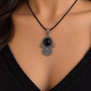 Berber Khamsa Hamsa Necklace with Green Pierre Stone Pendant