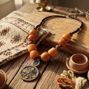 Berber Pendant Necklace with Orange Beads and Enamel Medallion