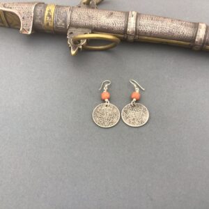 Berber Antique Coral Coin Earrings with Silver Jewelry Design