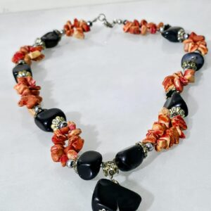 Berber Black Onyx Coral Necklace with Natural Gemstone Beads