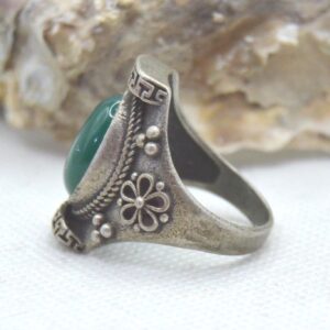 Amazigh Berber Green Agate Silver Statement Ring with Tribal Details