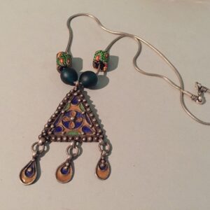 Berber Enamel Silver Pendant Necklace with African Trade Bead Chain