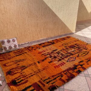 Amazigh Berber Orange Wool Rug Handmade Bohemian Geometric Design