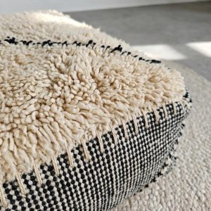 Berber Wool Cotton Pouf Ottoman Floor Accent Black Cream