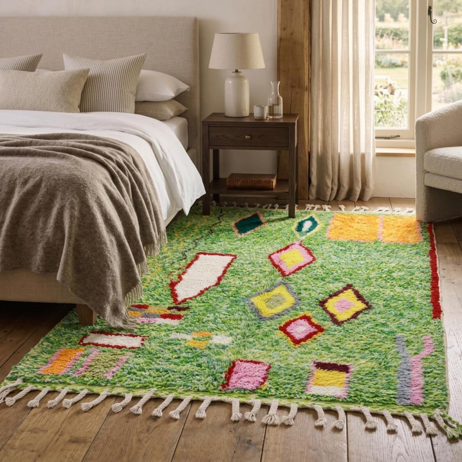 Colorful Amazigh Berber Green Wool Rug With Abstract Geometric Design