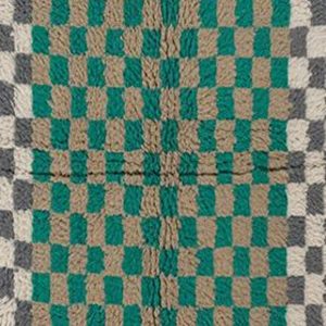 Berber Handwoven Wool Runner Rug with Green Gray Check Pattern
