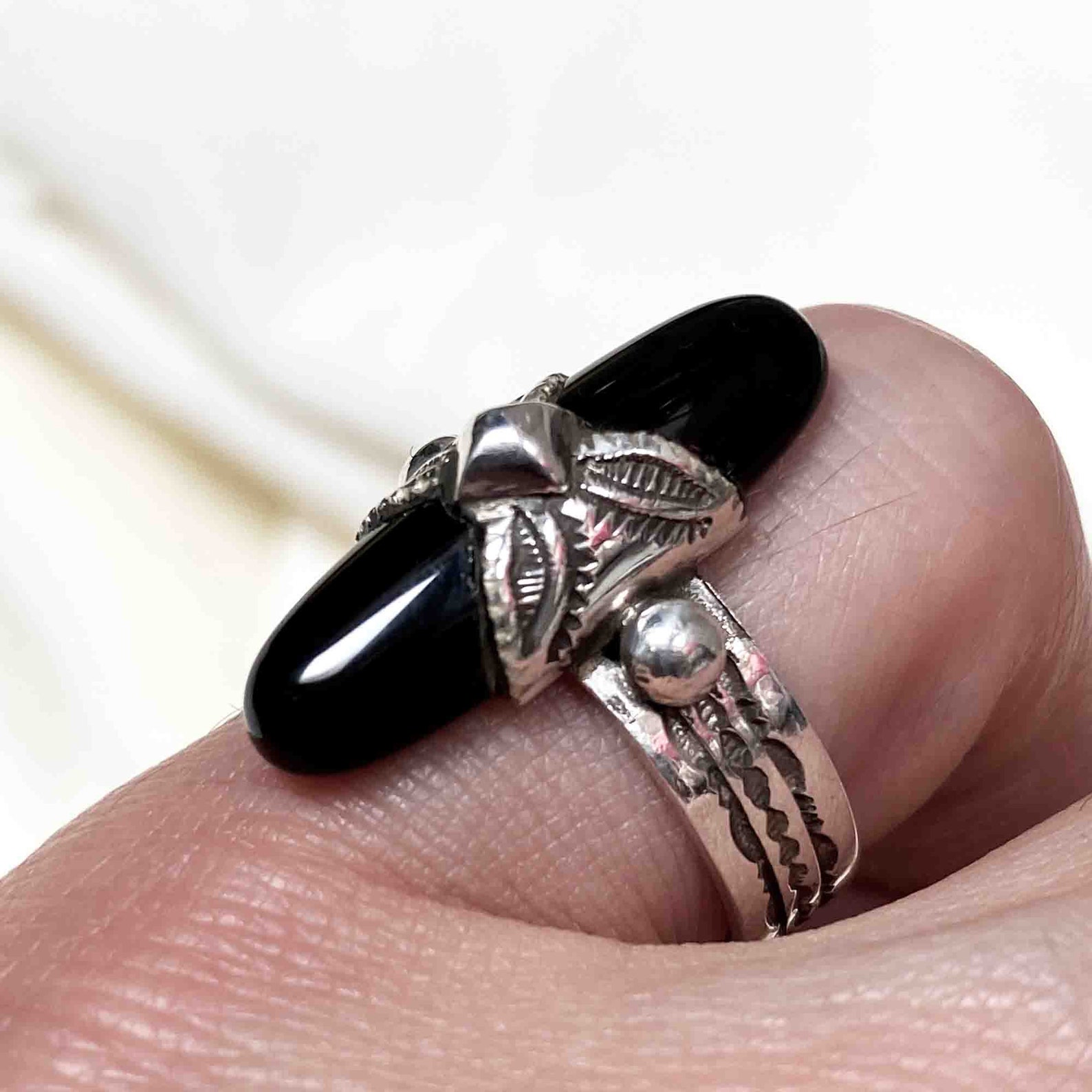 Berber Tuareg Silver Onyx Ring with Engraved Design