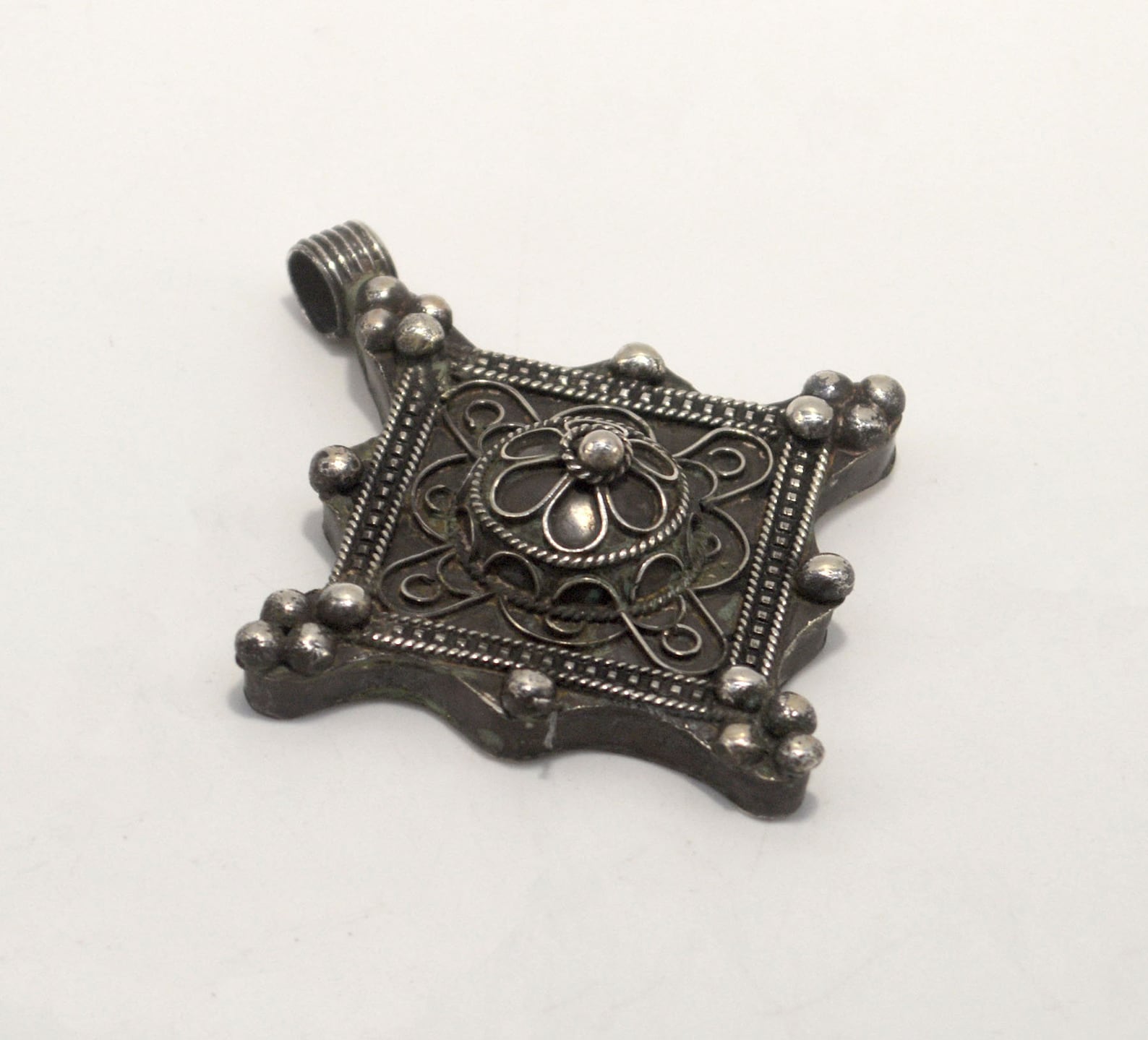 Berber Tuareg Silver Pendant Necklace with Geometric Engraved Design