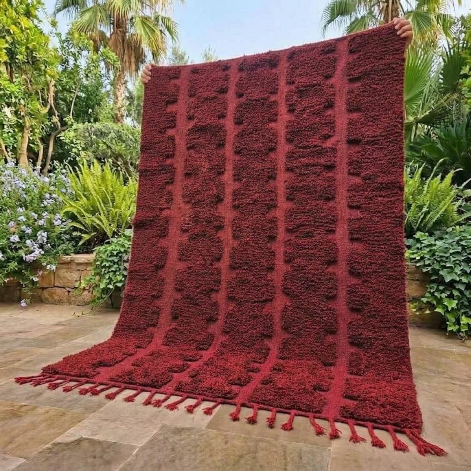 Berber Burgundy Beni Ourain Textured Wool Geometric Rug
