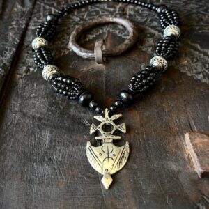 Amazigh Berber Tuareg Yaz Cross Pendant Necklace with Black Beads