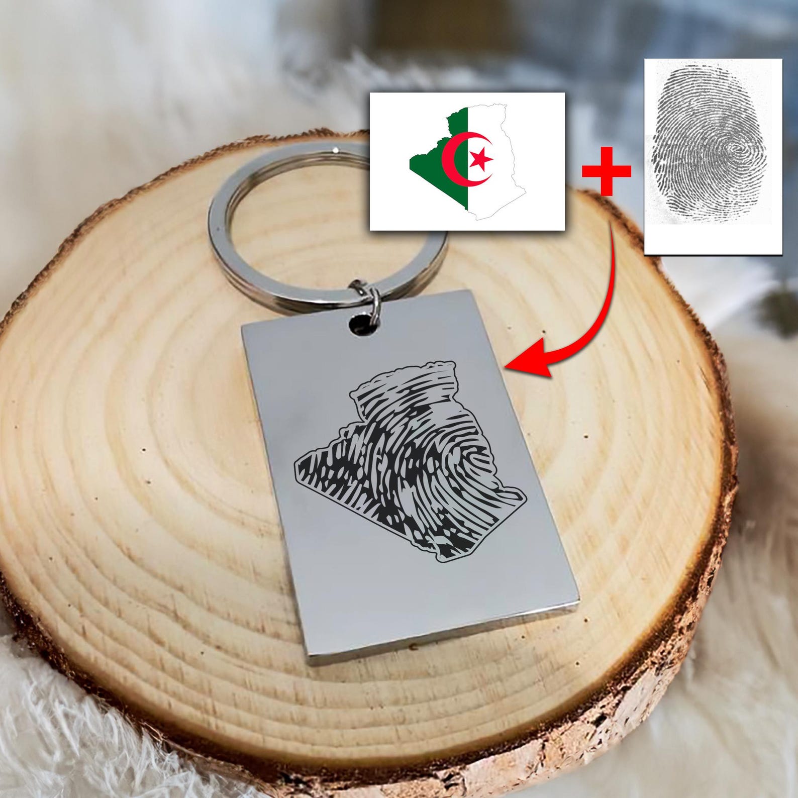 Amazigh Personalized Fingerprint Algeria Map Engraved Stainless Steel Keychain