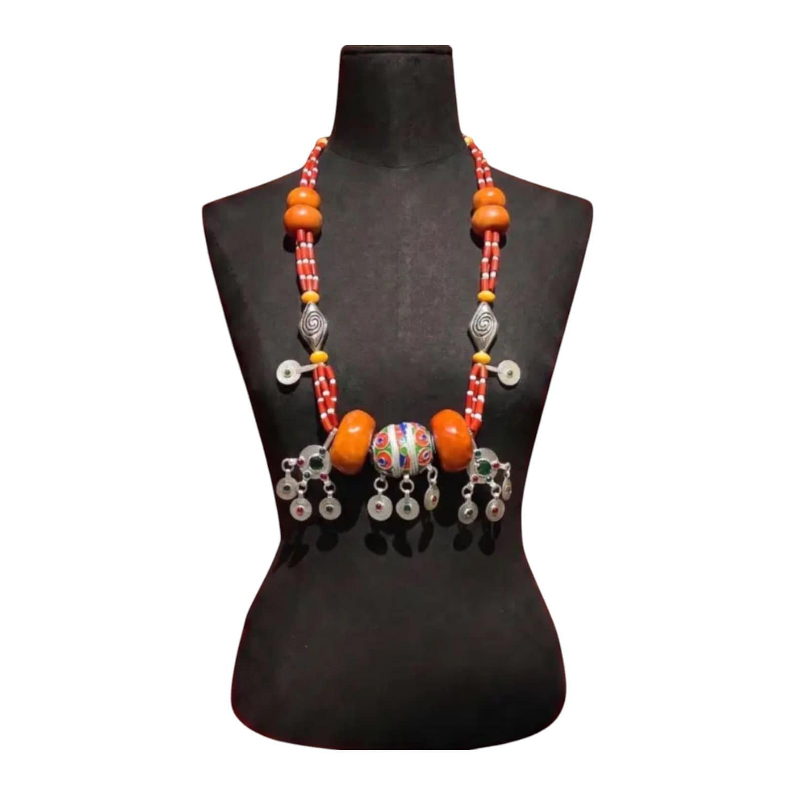 Amazigh Berber Handmade Beaded Statement Necklace with Colorful Charms