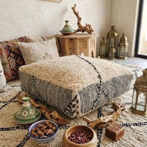 Berber Wool Cotton Pouf Ottoman Floor Accent Black Cream
