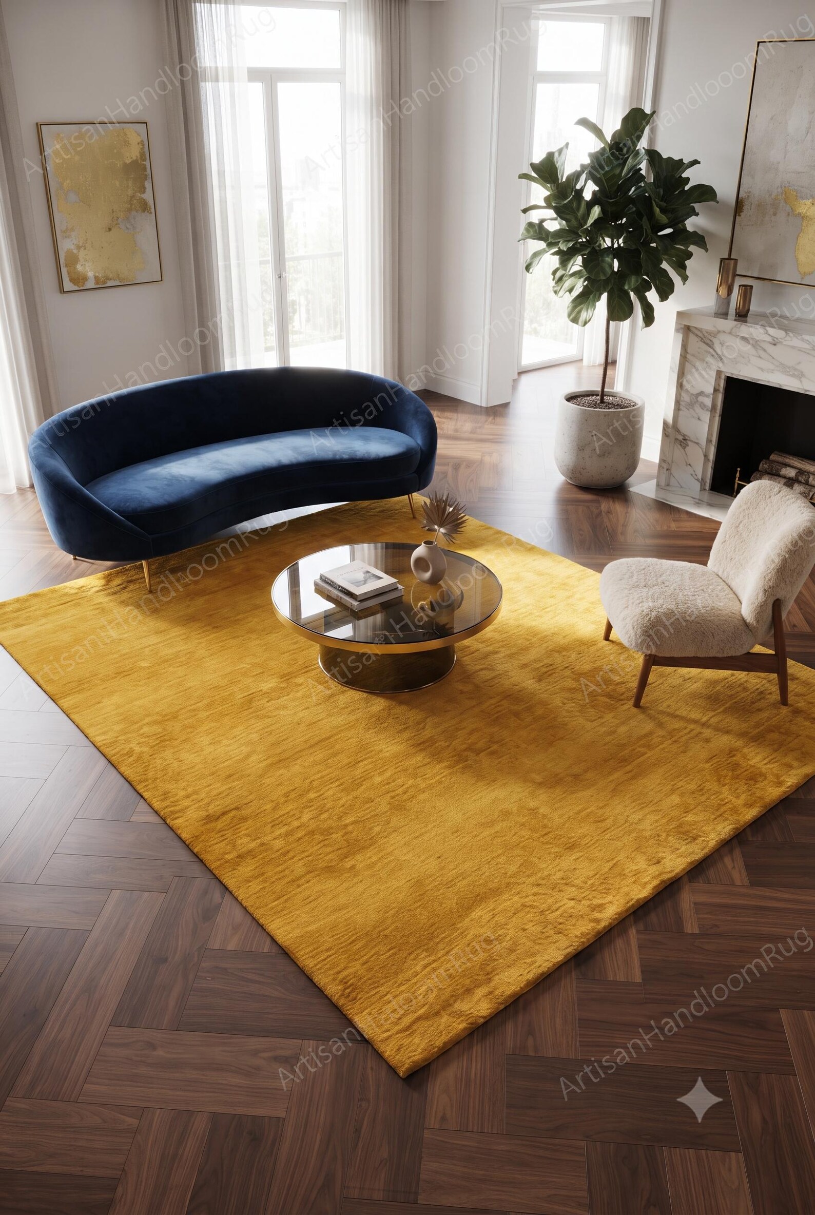 Berber Handloom Saffron Yellow Wool Plush Area Rug