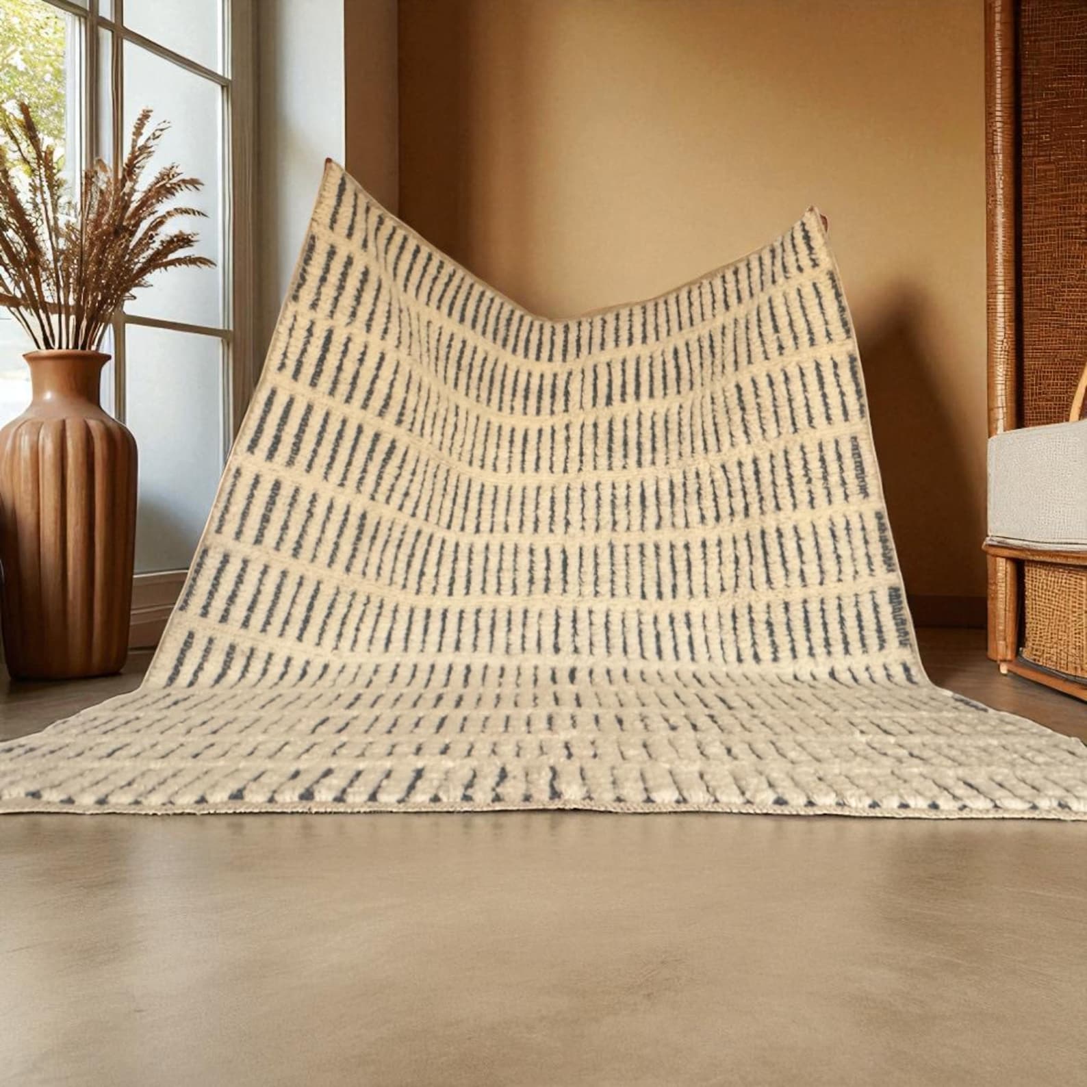 Amazigh Berber Yaz White Wool Rug with Striped Geometric Design