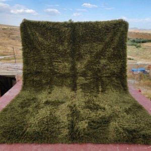 Berber Olive Green Shag Wool Rug Extra High Pile Area Rug