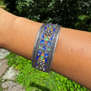 Amazigh North African Enamel Cuff Sterling Silver Bracelet