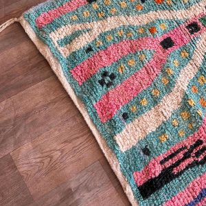 Berber Beni Ourain Hand Knotted Colorful Turquoise Wool Rug