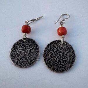 Berber Antique Coral Coin Earrings with Silver Jewelry Design