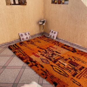 Amazigh Berber Orange Wool Rug Handmade Bohemian Geometric Design