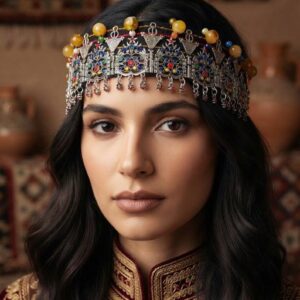 Amazigh Tachdadt Souss Headband with Synthetic Amber Beads Silver Tone Headpiece