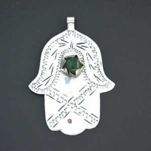 Berber Hamsa Khamsa Silver Pendant Necklace with Green Glass