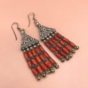 Berber Coral Drop Earrings with Silver Tribal Beaded Design