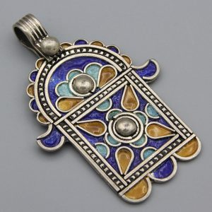 Berber Tuareg Hamsa Pendant Necklace with Sterling Silver Enamel Design