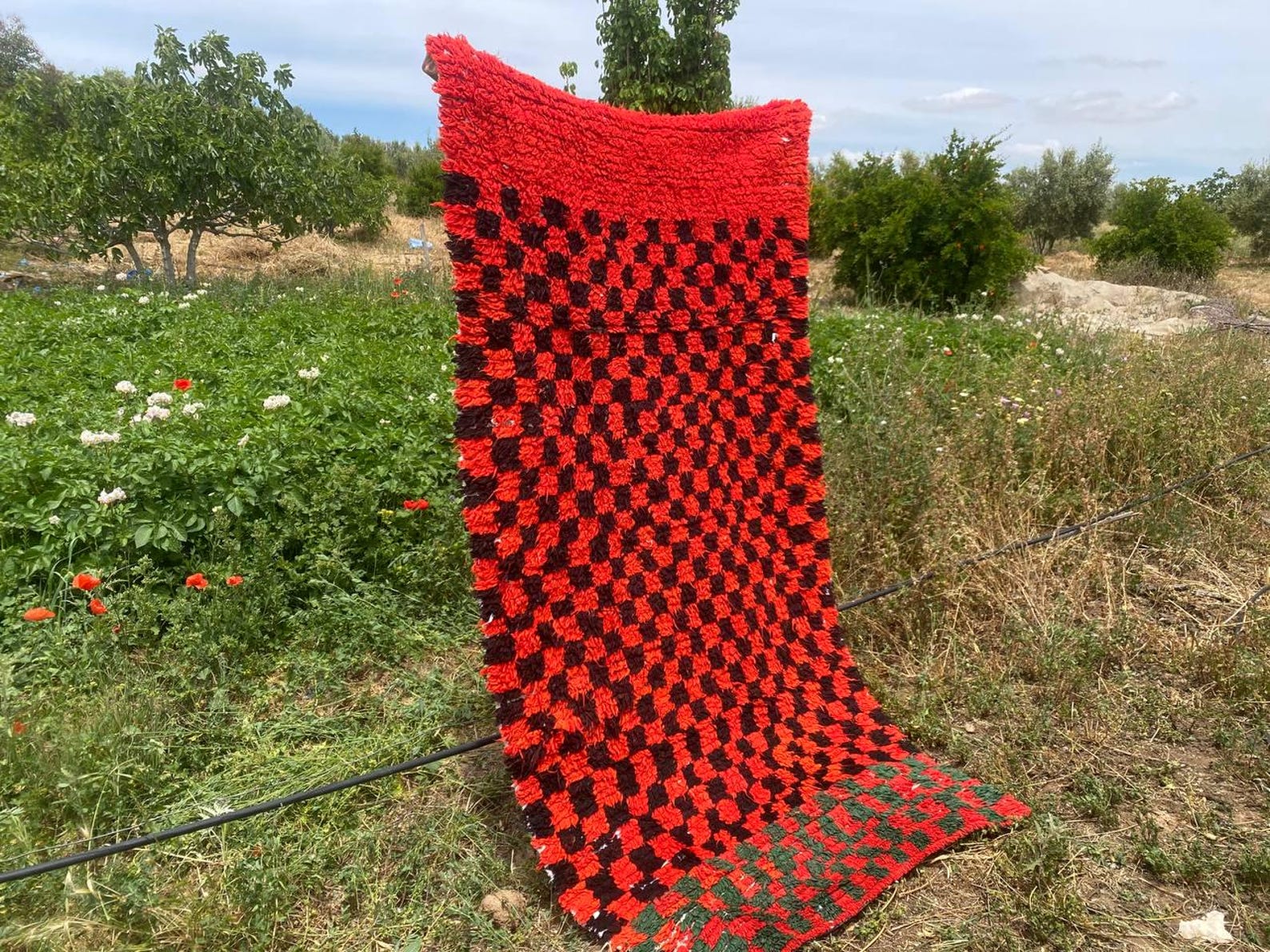Amazigh Berber Handwoven Akhnif Kilim Rug Red Black Wool Design