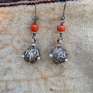 Berber Silver Earrings with Natural Coral Bead Pendants