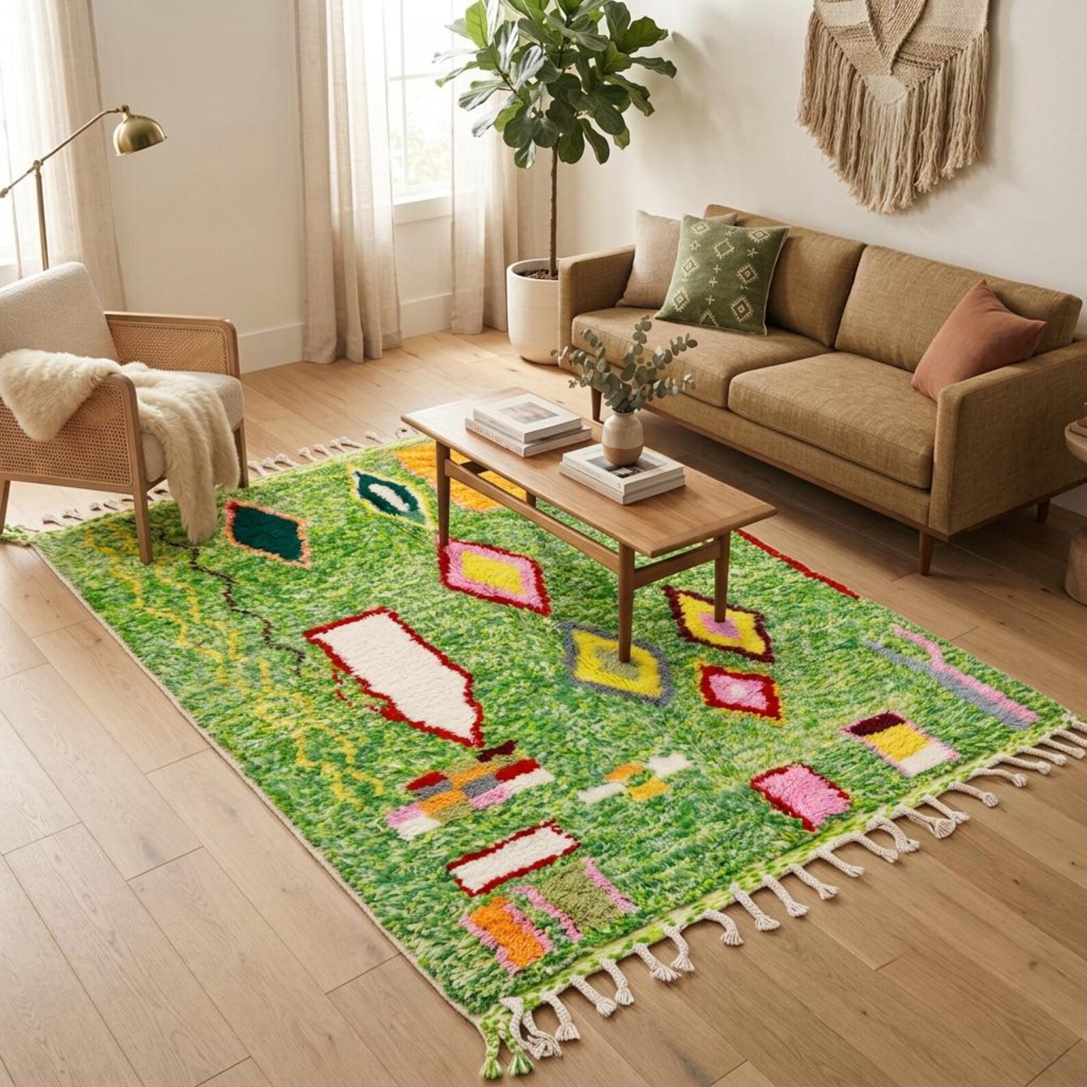Colorful Amazigh Berber Green Wool Rug With Abstract Geometric Design