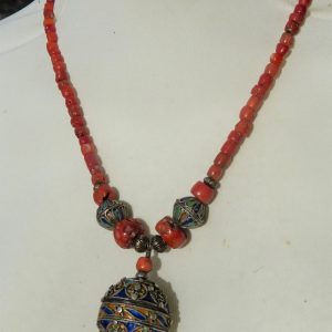 Berber Antique TAGUEMOUT Enamel Perfume Pendant Coral Necklace