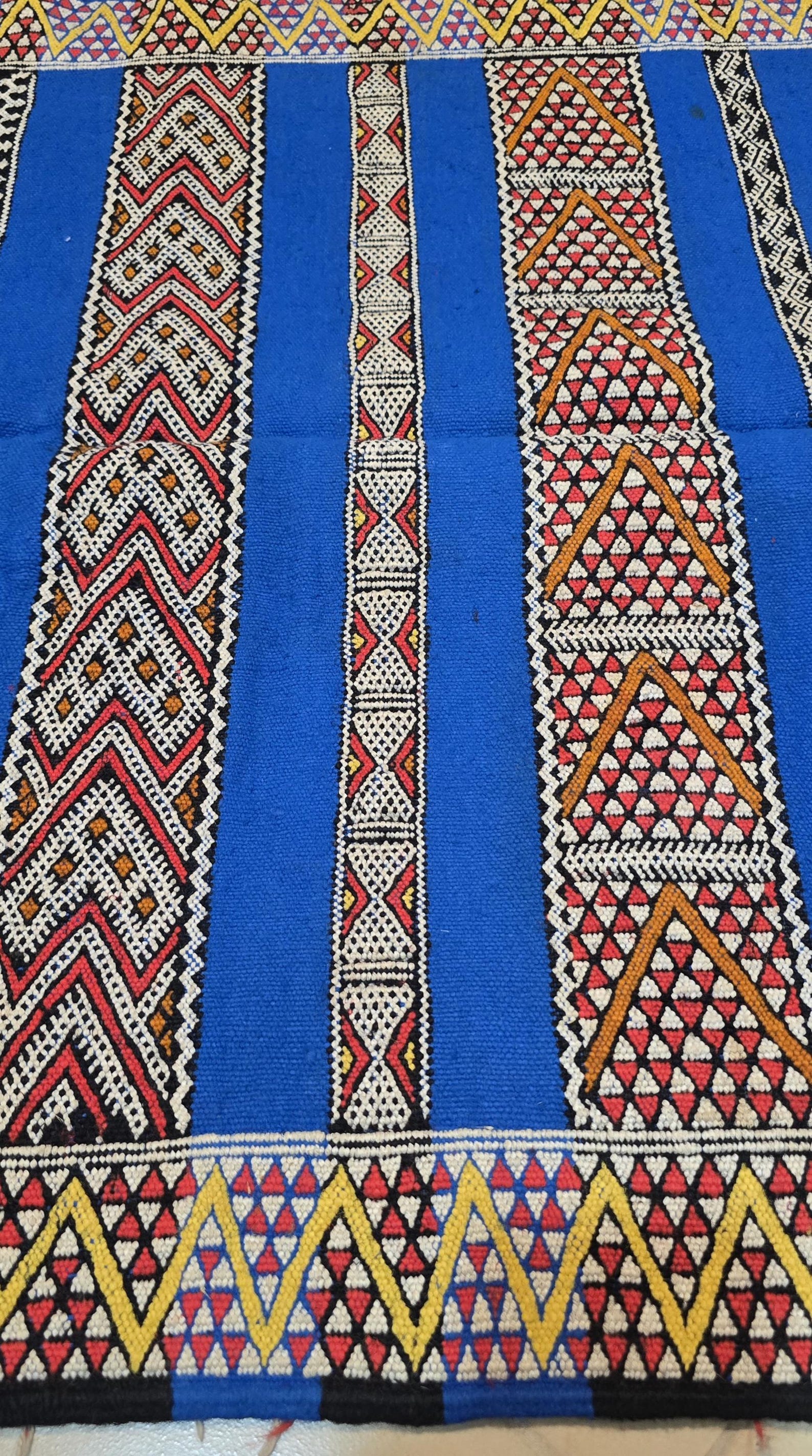Amazigh Middle Atlas Vintage Blue Kilim Rug with Symbolic Designs