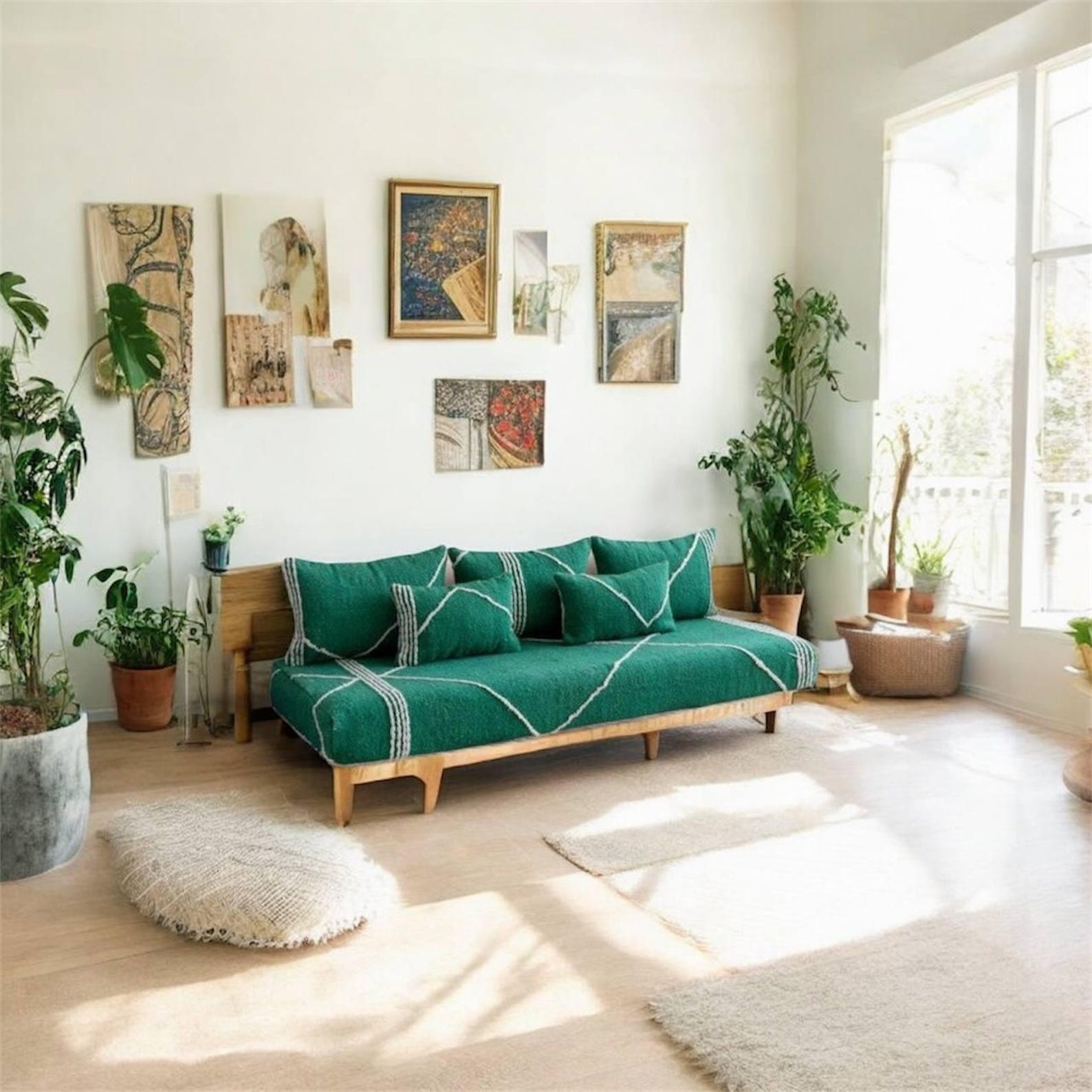 Berber Handmade Green Wool White Stripe Majlis Floor Sofa Pillow