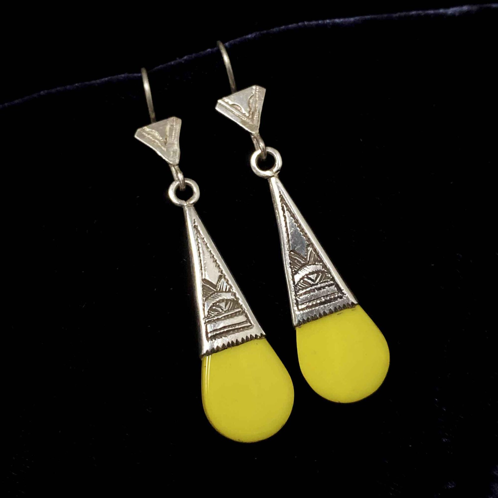Berber Tuareg Silver and Glass Yellow Earrings with Verre In-Gall Design