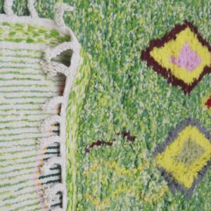 Colorful Amazigh Berber Green Wool Rug With Abstract Geometric Design