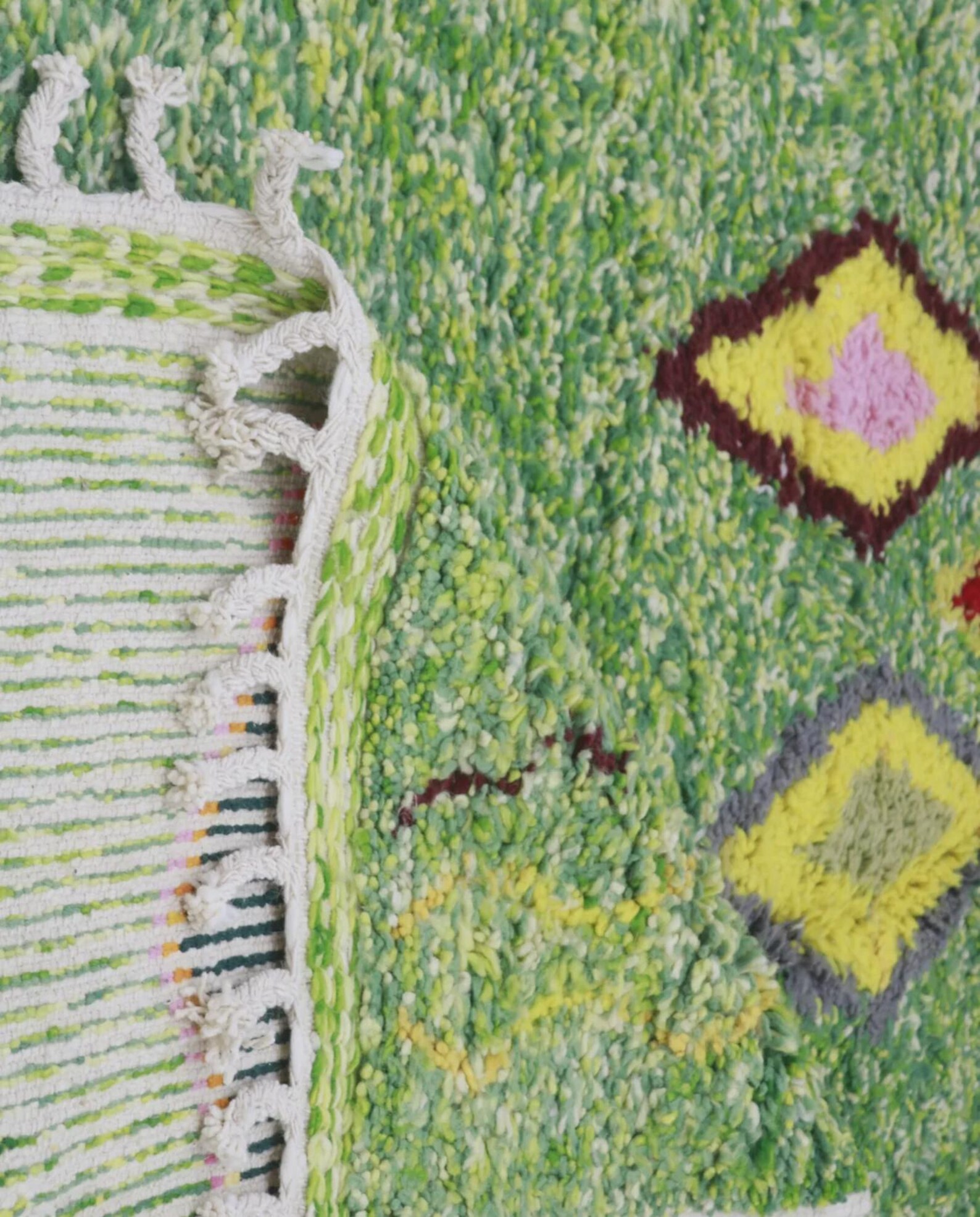 Colorful Amazigh Berber Green Wool Rug With Abstract Geometric Design