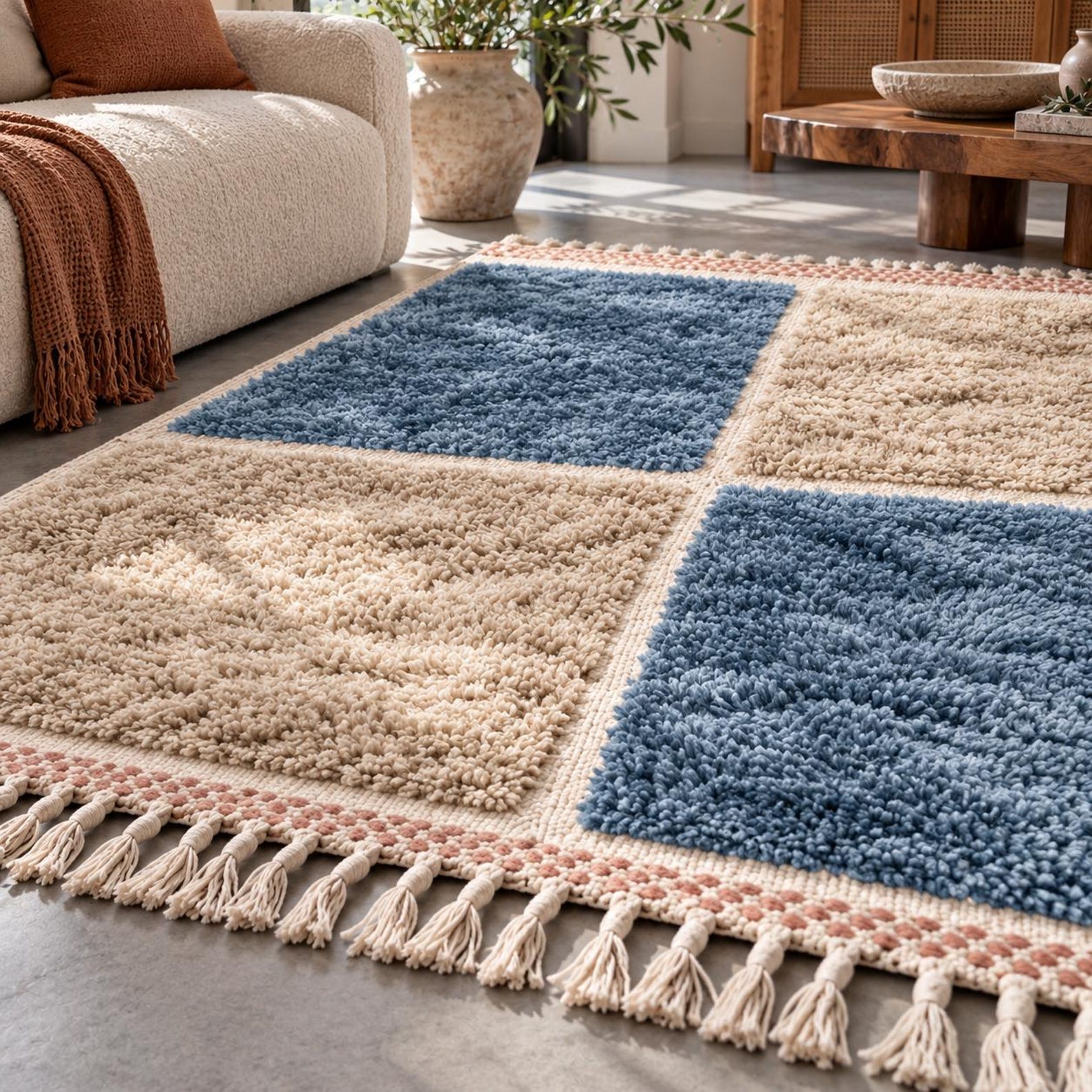 Berber Handmade Shag Four-Block Wool Rug Custom Size