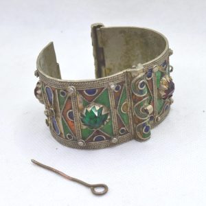 Berber Amazigh Enamel Cuff Bracelet with Red Cabochon Accents Pin Closure