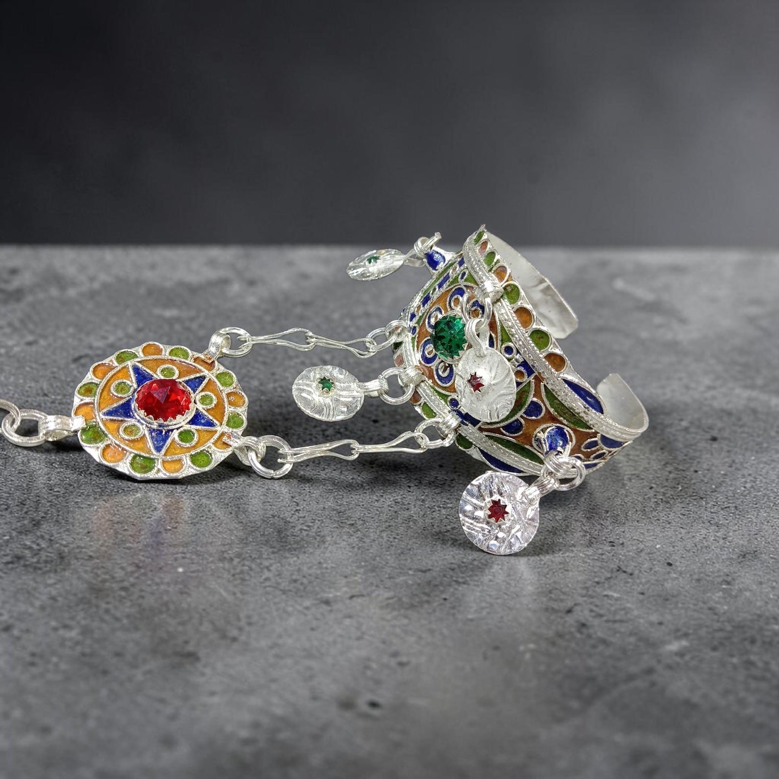 Amazigh Berber Adjustable Bracelet with Enamel Handpiece Ring Design